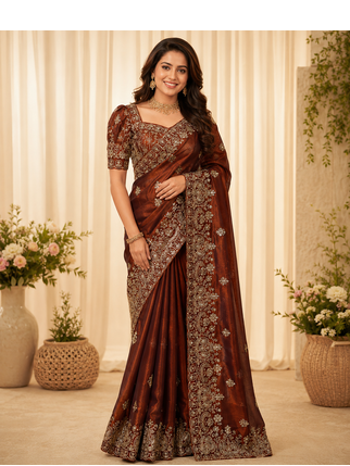orange sequance and zari embroidery silk saree 1