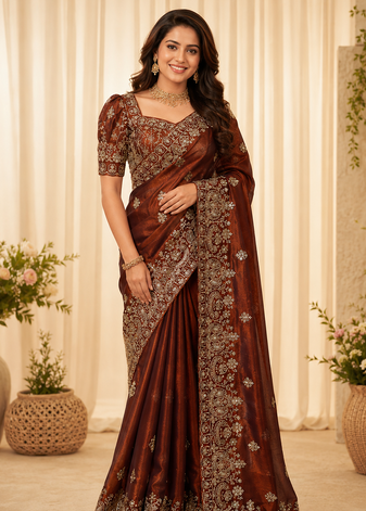 orange sequance and zari embroidery silk saree