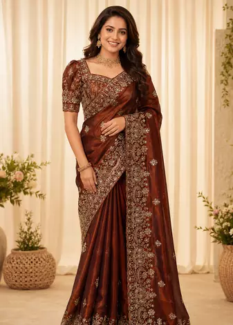 orange sequance and zari embroidery silk saree
