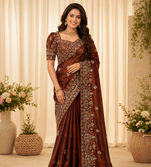 orange sequance and zari embroidery silk saree