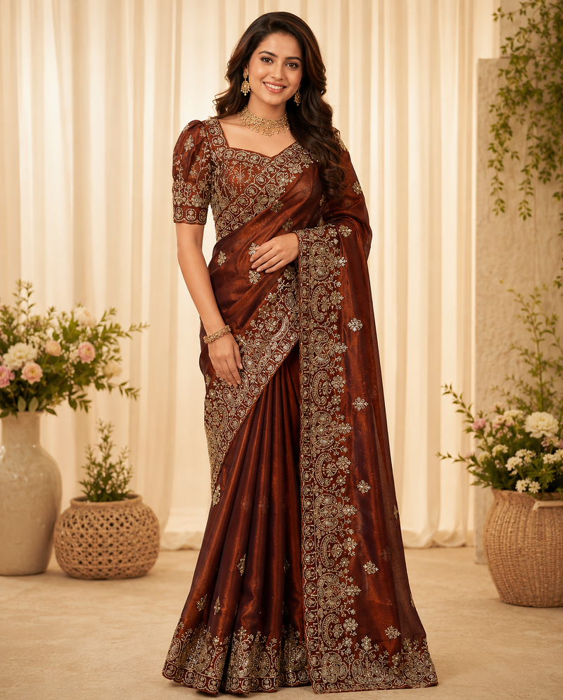 orange sequance and zari embroidery silk saree