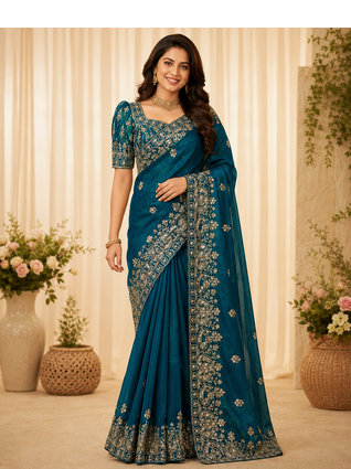 teal sequance and zari embroidery silk saree 1