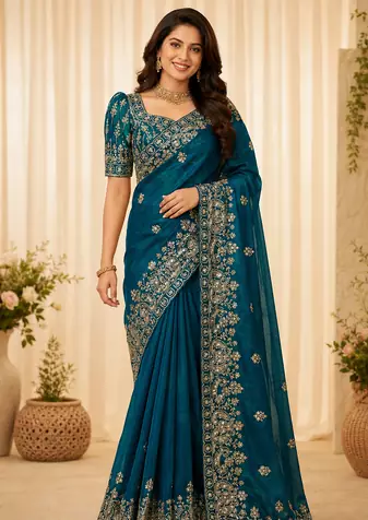 teal sequance and zari embroidery silk saree