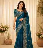teal sequance and zari embroidery silk saree