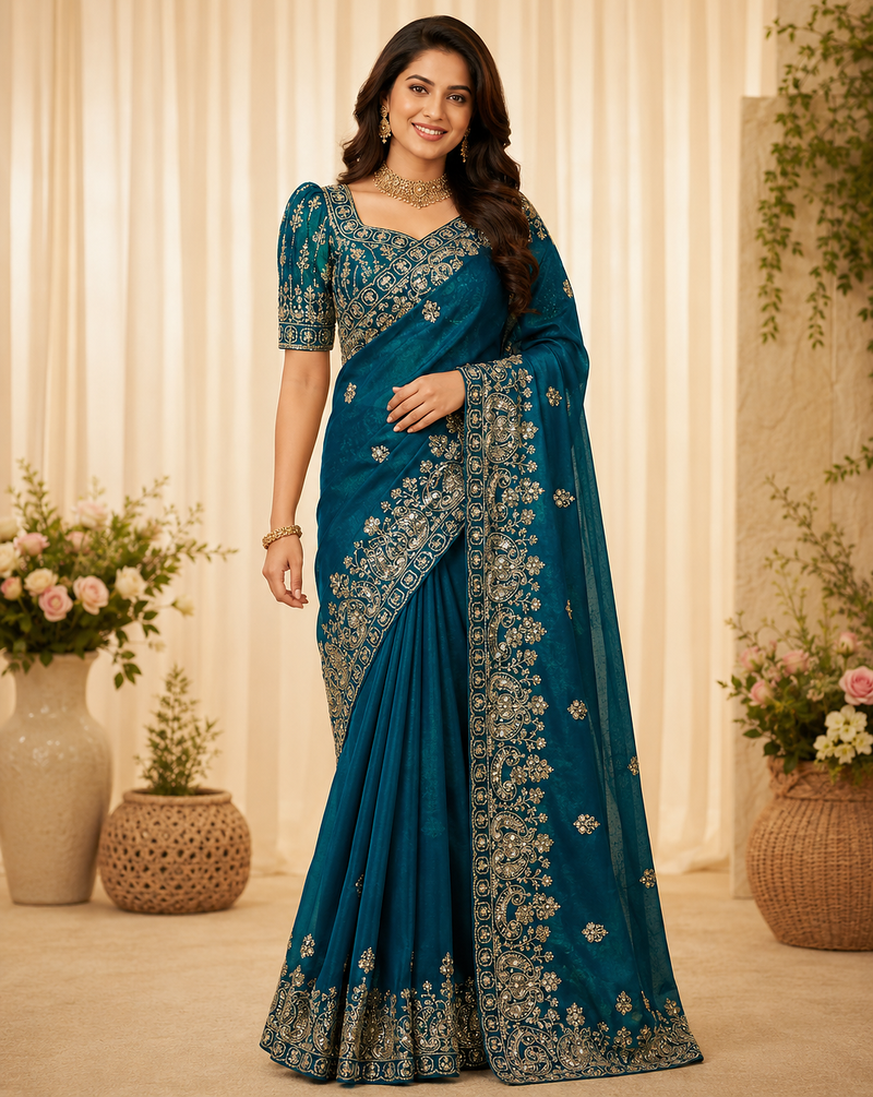 teal sequance and zari embroidery silk saree