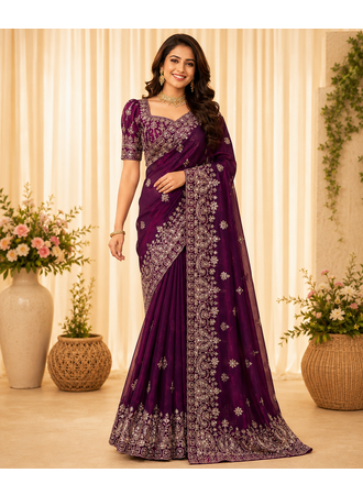 purple sequance and zari embroidery silk saree 1