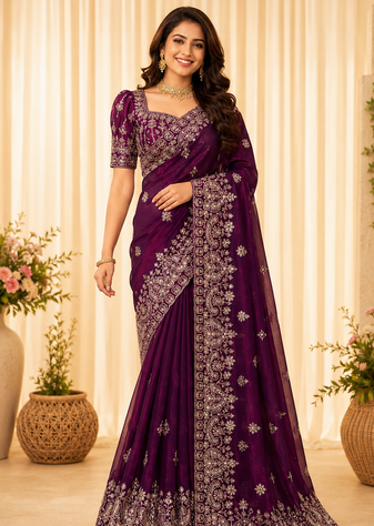 purple sequance and zari embroidery silk saree