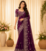 purple sequance and zari embroidery silk saree