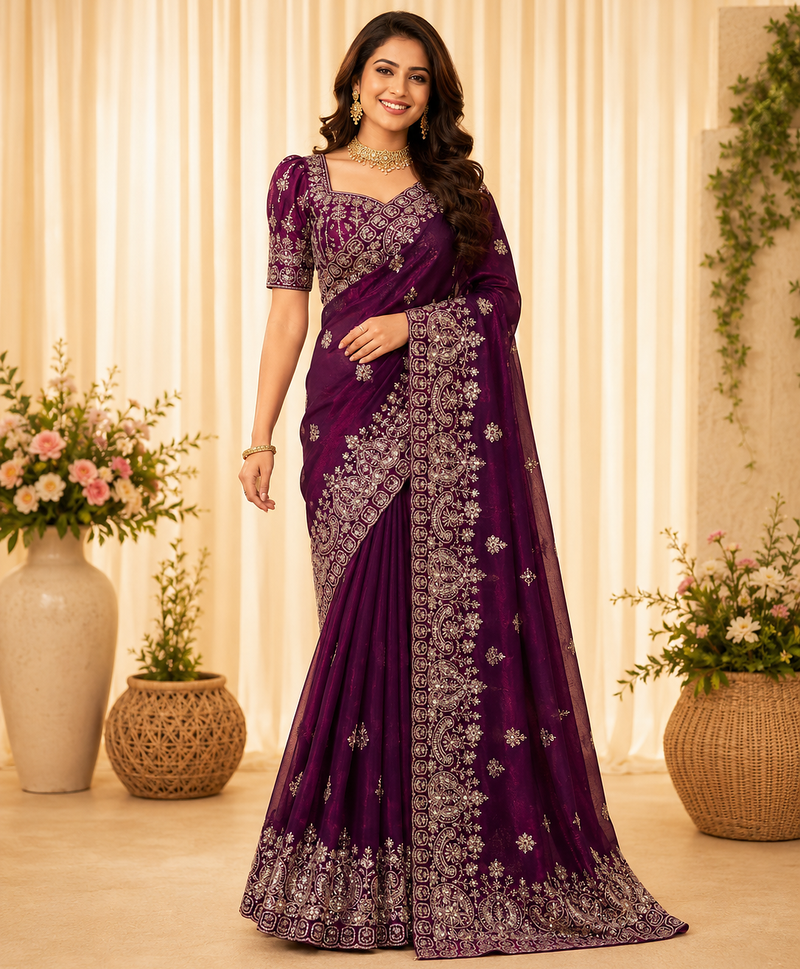 purple sequance and zari embroidery silk saree