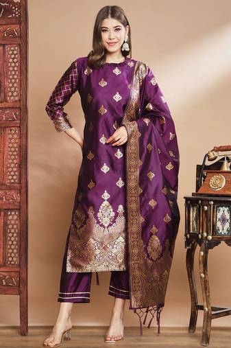 Purple cotton silk jacquard designer festive wear readymade suit