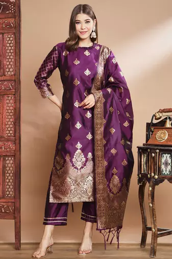 Purple cotton silk jacquard designer festive wear readymade suit