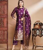 Purple cotton silk jacquard designer festive wear readymade suit
