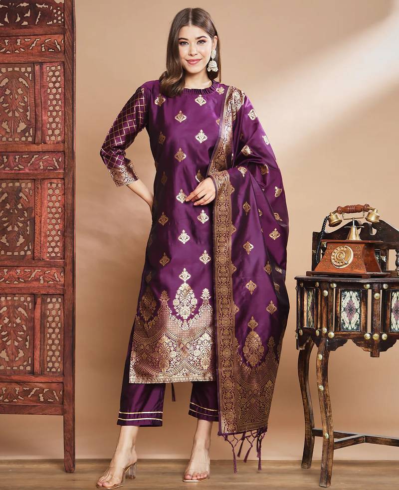 Purple cotton silk jacquard designer festive wear readymade suit