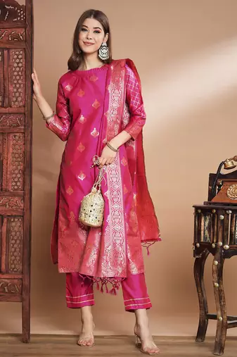 Pink cotton silk jacquard designer festive wear readymade suit