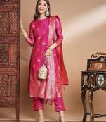 Pink cotton silk jacquard designer festive wear readymade suit