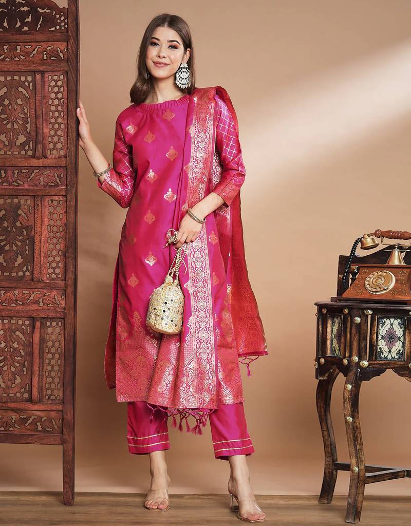 Pink cotton silk jacquard designer festive wear readymade suit