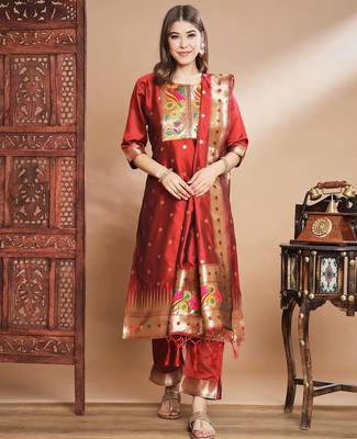 Maroon silk jacquard designer festive wear readymade suit 1