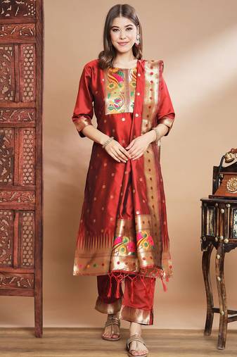 Maroon silk jacquard designer festive wear readymade suit