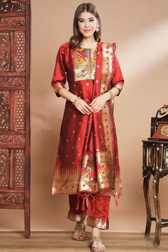 Maroon silk jacquard designer festive wear readymade suit