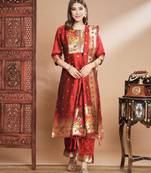 Maroon silk jacquard designer festive wear readymade suit