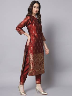 maroon fancy cotton silk kurta set 4