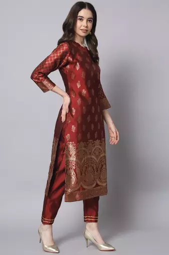 maroon fancy cotton silk kurta set