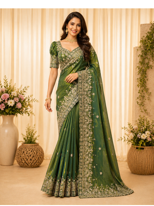 green sequance and zari embroidery silk saree 1