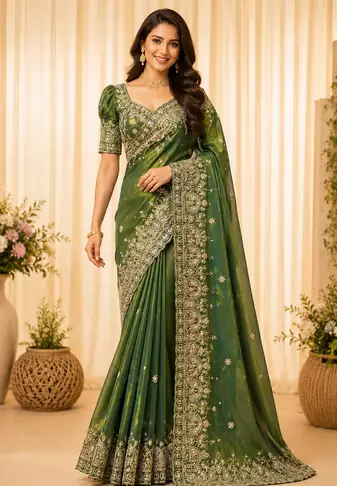 green sequance and zari embroidery silk saree