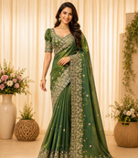 green sequance and zari embroidery silk saree