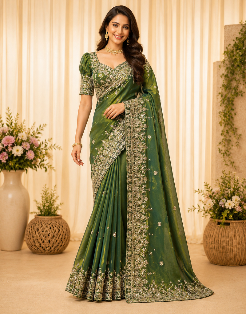 green sequance and zari embroidery silk saree