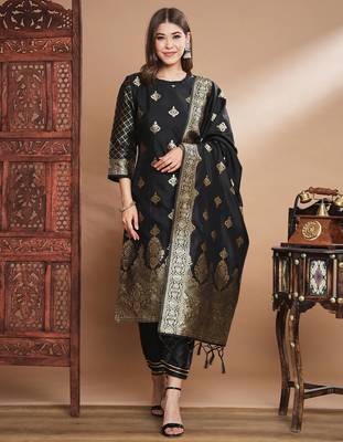 Black cotton silk jacquard designer festive wear readymade suit 1