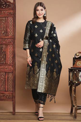 Black cotton silk jacquard designer festive wear readymade suit