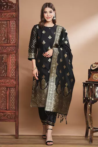 Black cotton silk jacquard designer festive wear readymade suit