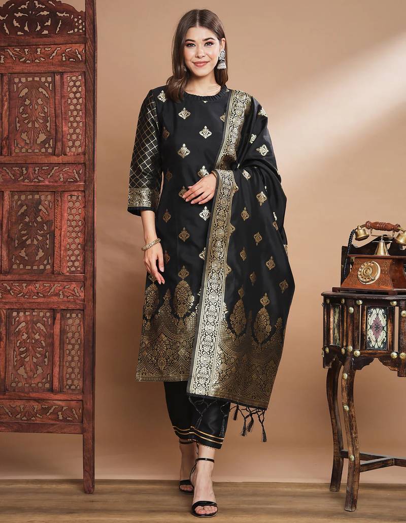 Black cotton silk jacquard designer festive wear readymade suit