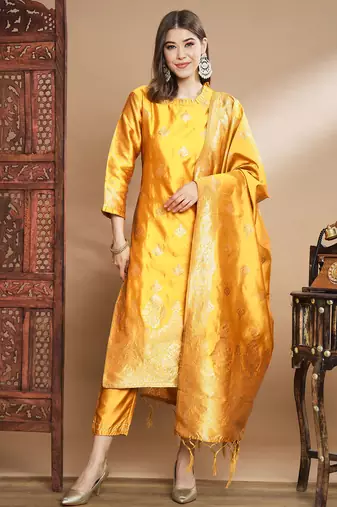 Yellow cotton silk jacquard designer festive wear readymade suit