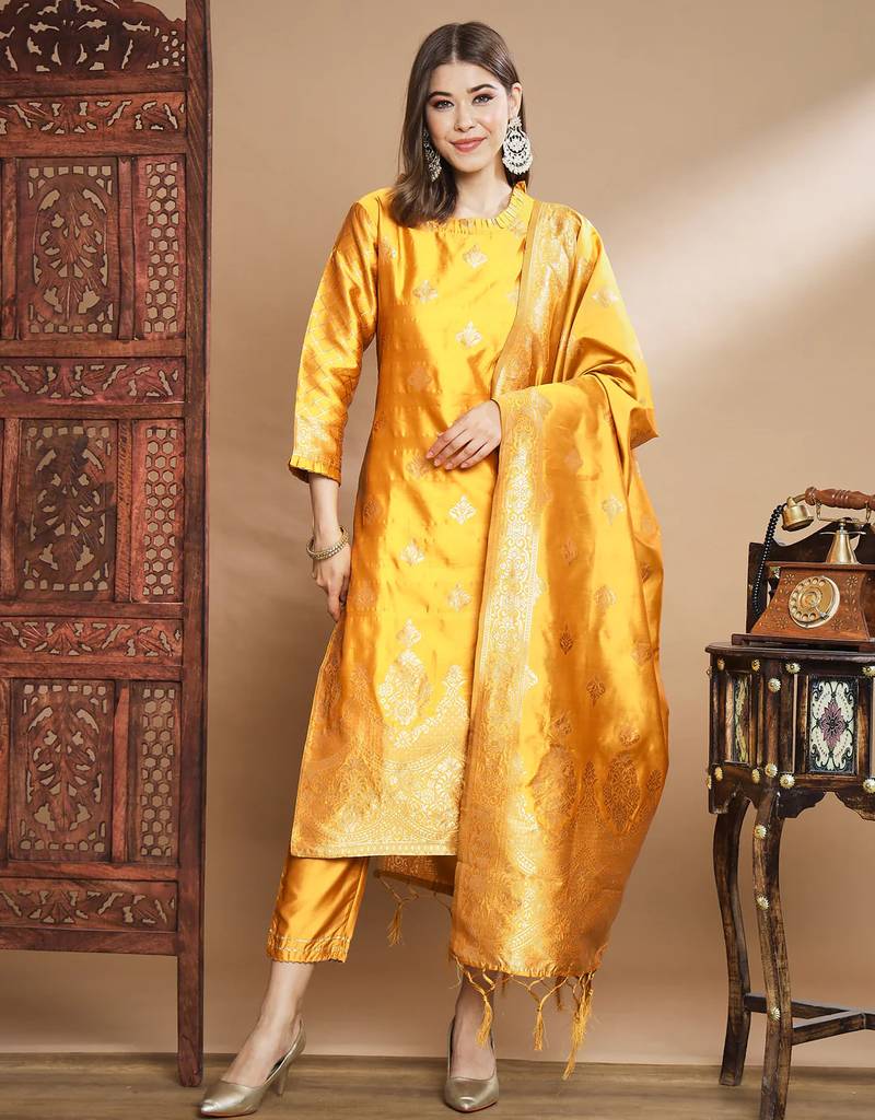 Yellow cotton silk jacquard designer festive wear readymade suit