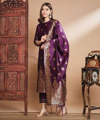 Purple cotton silk jacquard designer festive wear readymade suit 2