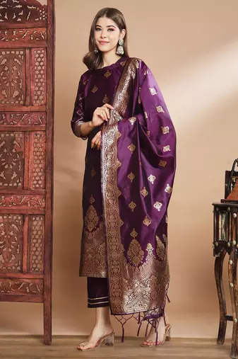 Purple cotton silk jacquard designer festive wear readymade suit