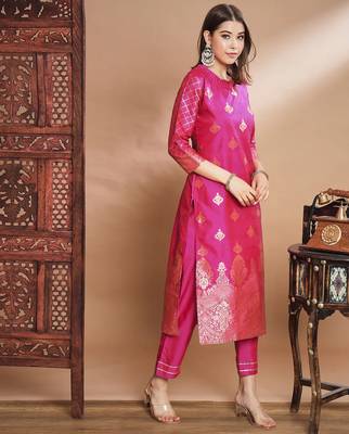 Pink cotton silk jacquard designer festive wear readymade suit 2