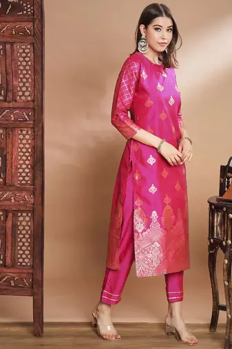 Pink cotton silk jacquard designer festive wear readymade suit