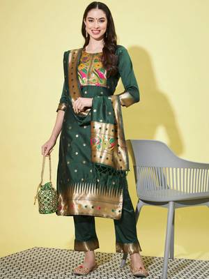 Green silk jacquard designer festive wear readymade suit 1