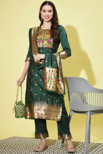 Green silk jacquard designer festive wear readymade suit
