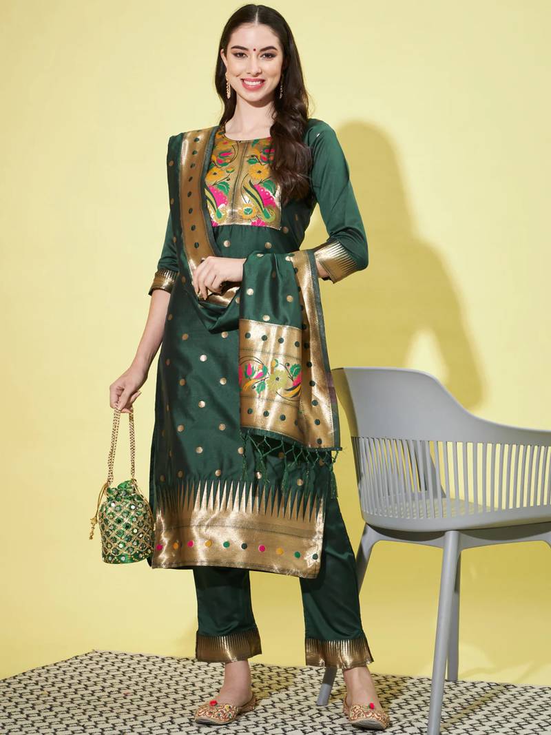 Green silk jacquard designer festive wear readymade suit