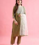 Light pista silk blend designer festive wear readymade suit