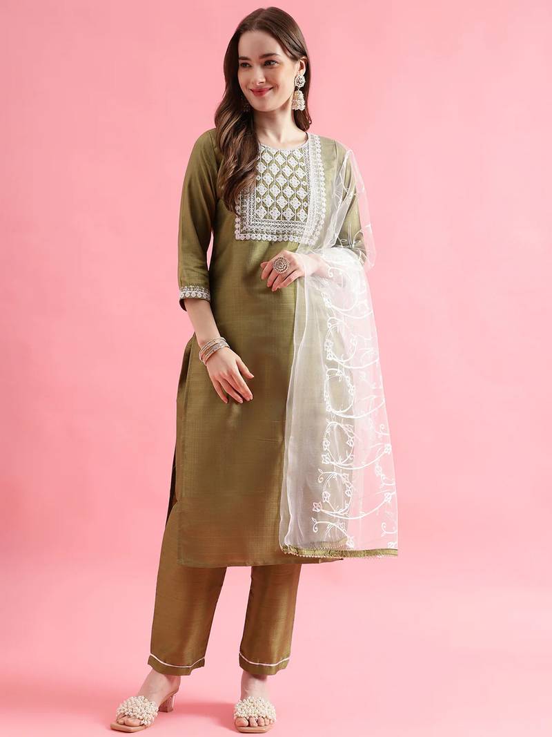 Light pista silk blend designer festive wear readymade suit