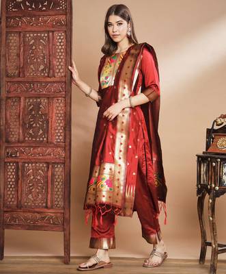 Maroon silk jacquard designer festive wear readymade suit 2