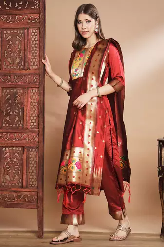 Maroon silk jacquard designer festive wear readymade suit