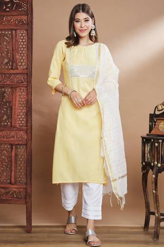yellow fancy blended cotton kurta set