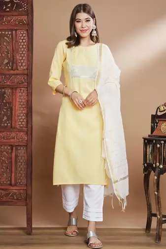 yellow fancy blended cotton kurta set