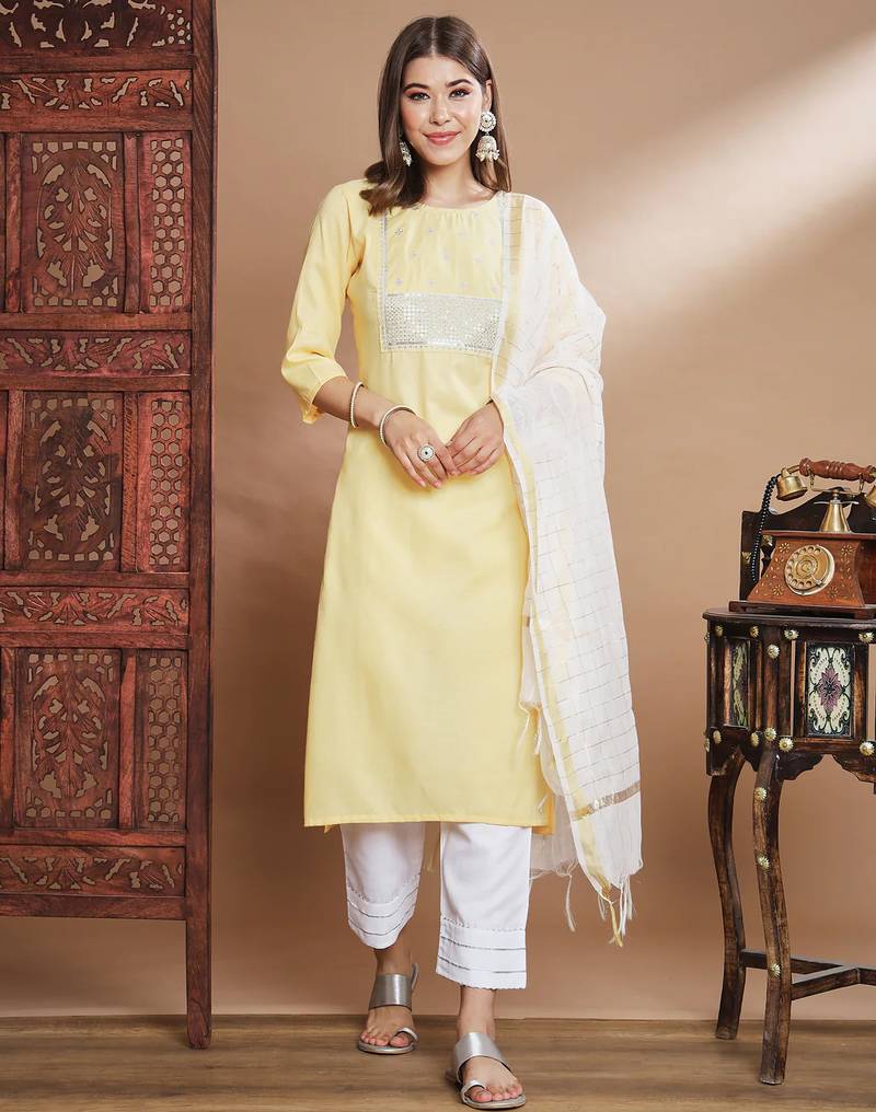 yellow fancy blended cotton kurta set